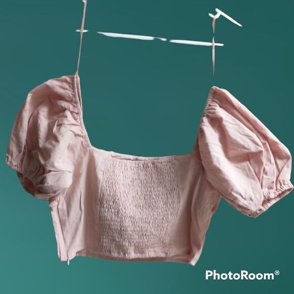 City Sleek Bridgerton-inspired Blush Pink Off The Shoulder Crop Top, size Large - Picture 4 of 10